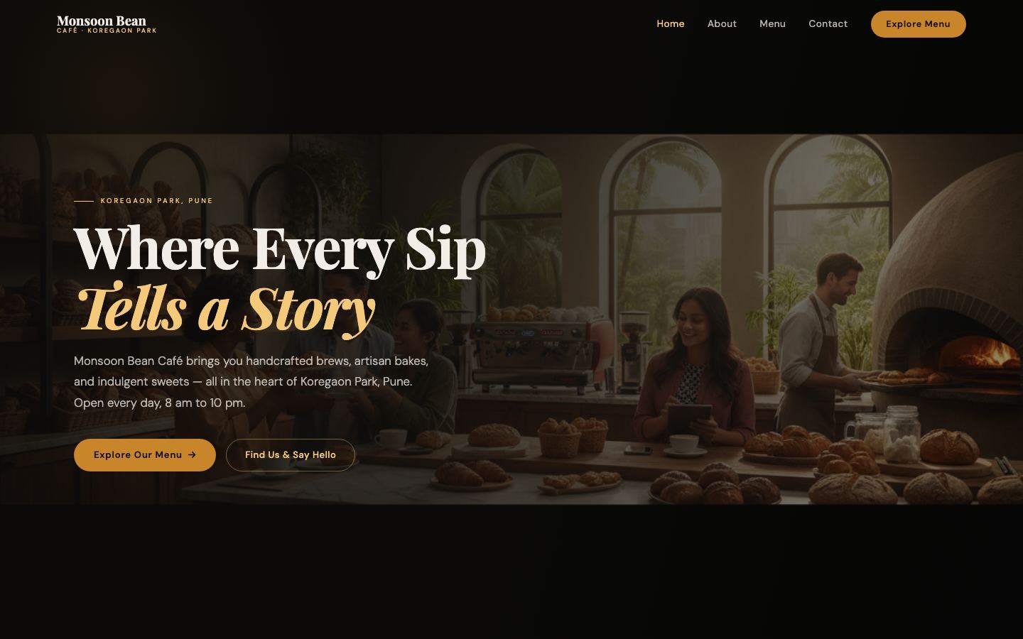 Homepage of Monsoon Bean Café, a sample café & bakery website built with Builtit