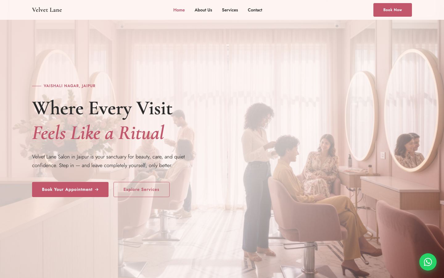 Homepage of Velvet Lane Salon, a sample salon & spa website built with Builtit